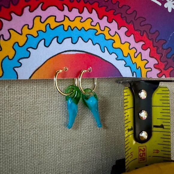 Turquoise glass peppercino 14k gold plated hoop drop earrings NWT - Picture 3 of 6